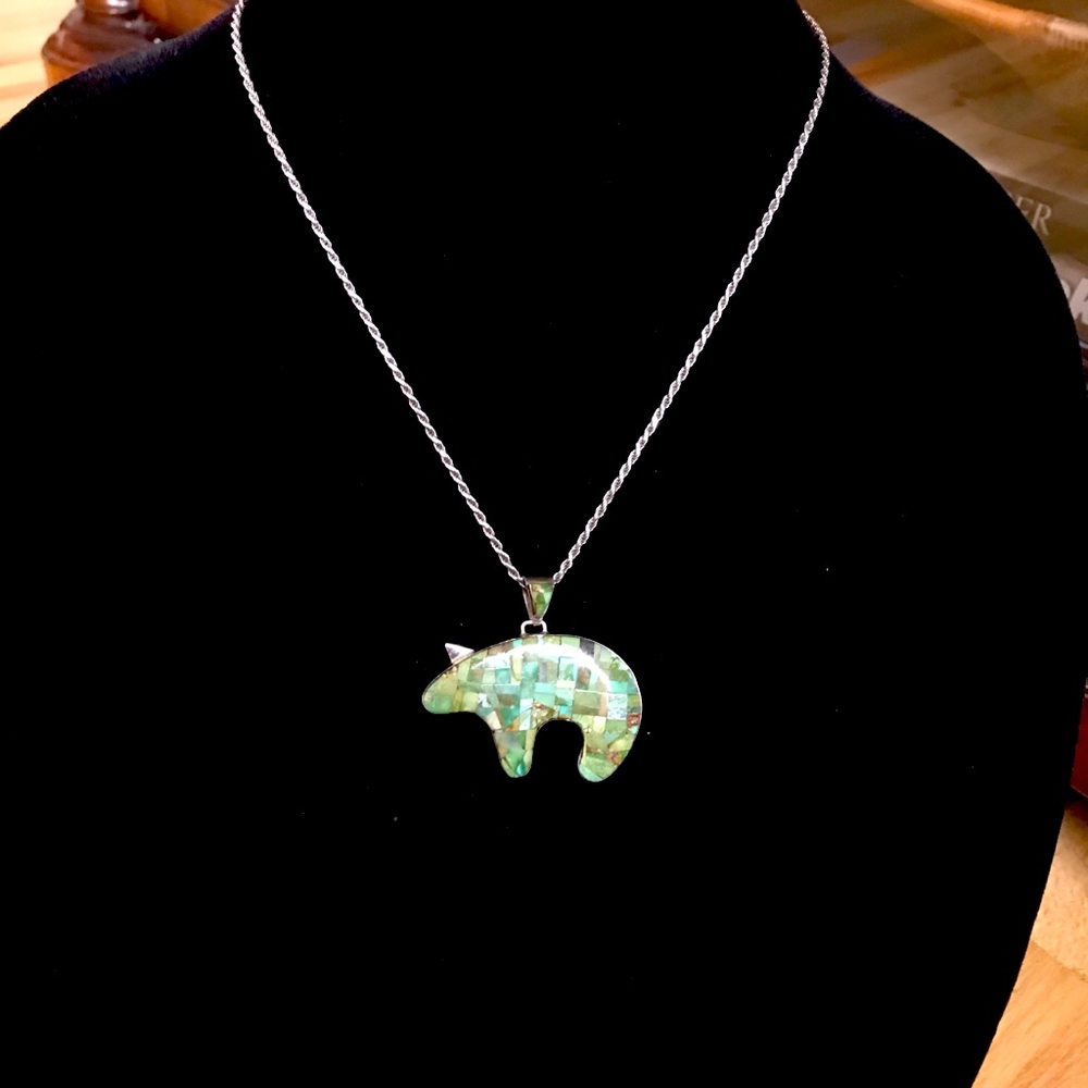 Genuine Navajo Turquoise Sterling Silver handmade bear pendant.